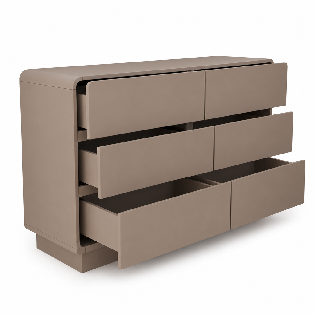 Side-angle view of the Aster dresser with partially open drawers on white