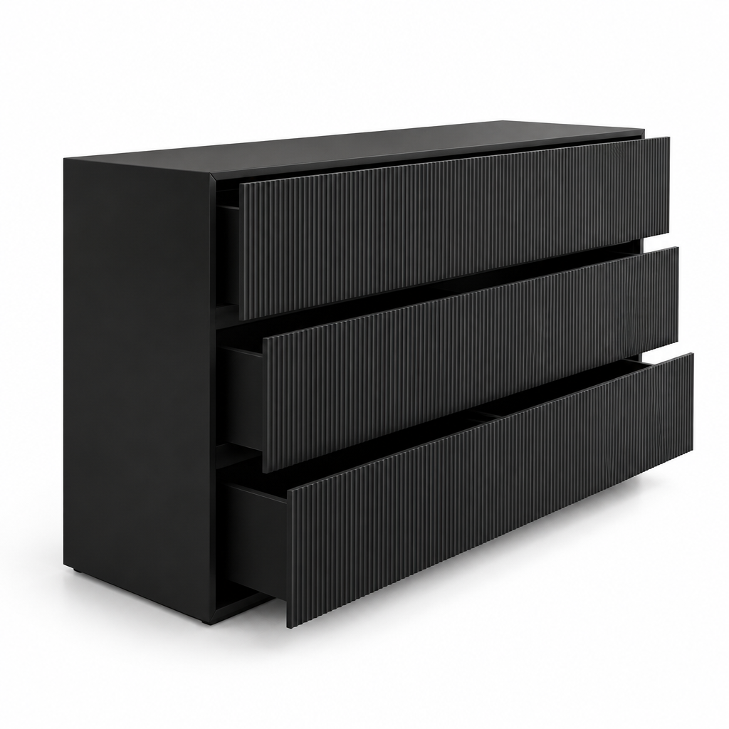Side-angle view of the Isola black dresser with partially open drawers on white