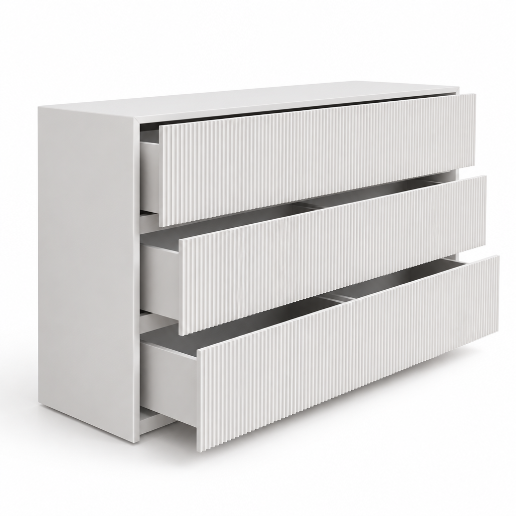 Side-angle view of the Isola white dresser with partially open drawers