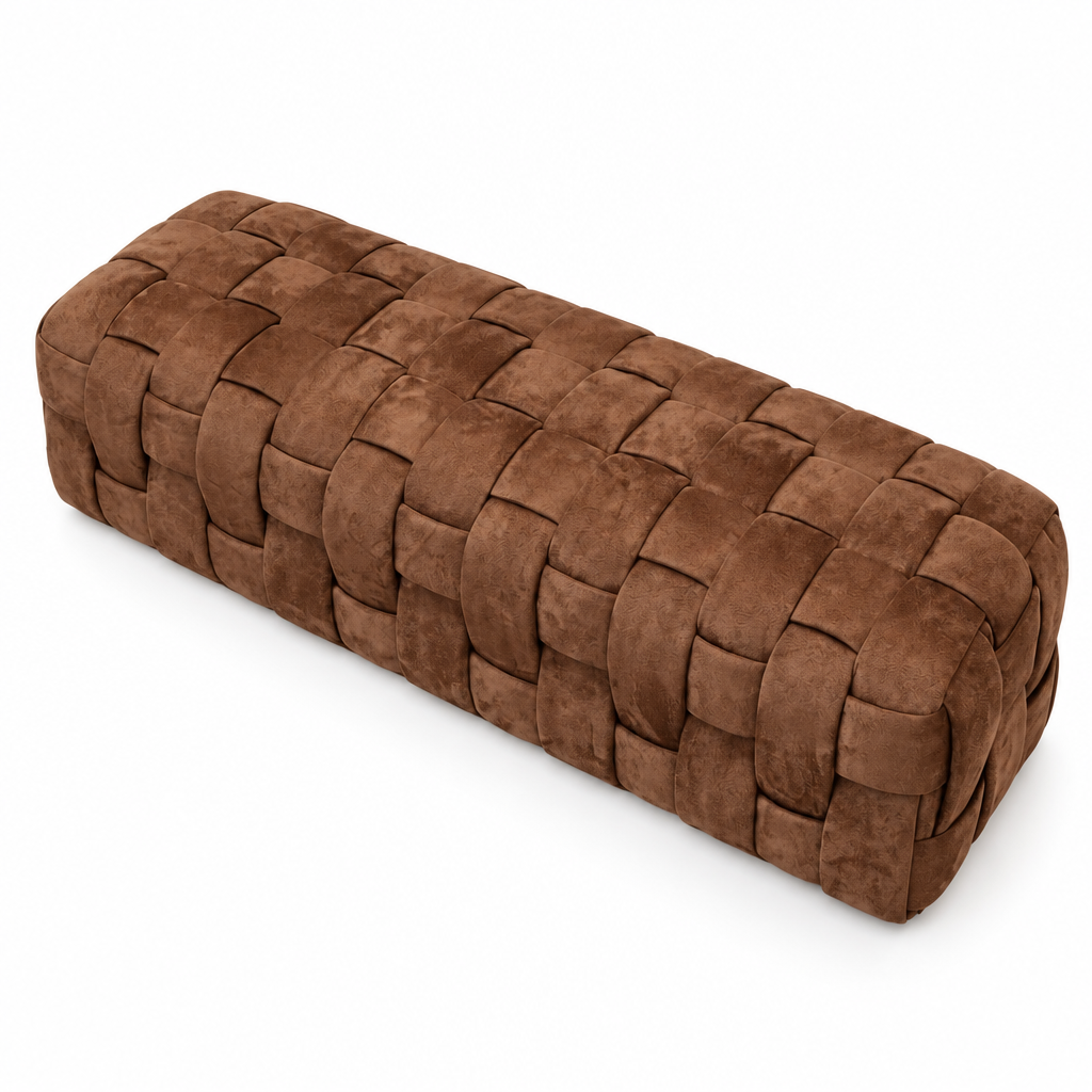 Top view of the Brixton ottoman’s interwoven suede upholstery