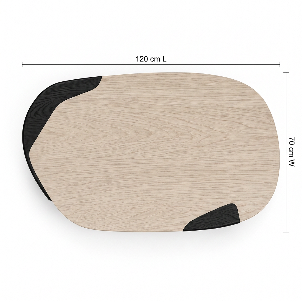 Top view of the Rove light oak organic tabletop and black supports