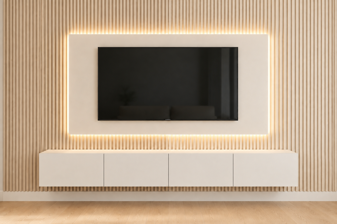 Walnut-and-beige Titus TV media wall in a modern living room