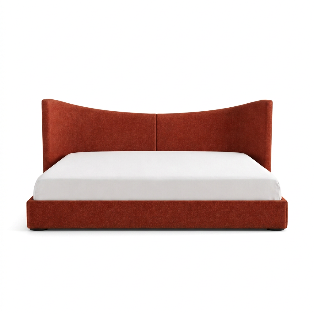 Wingback bed, straight-on front view on a white background