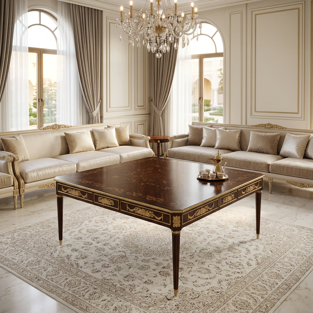 Wood and brass coffee table displayed in a luxury majlis