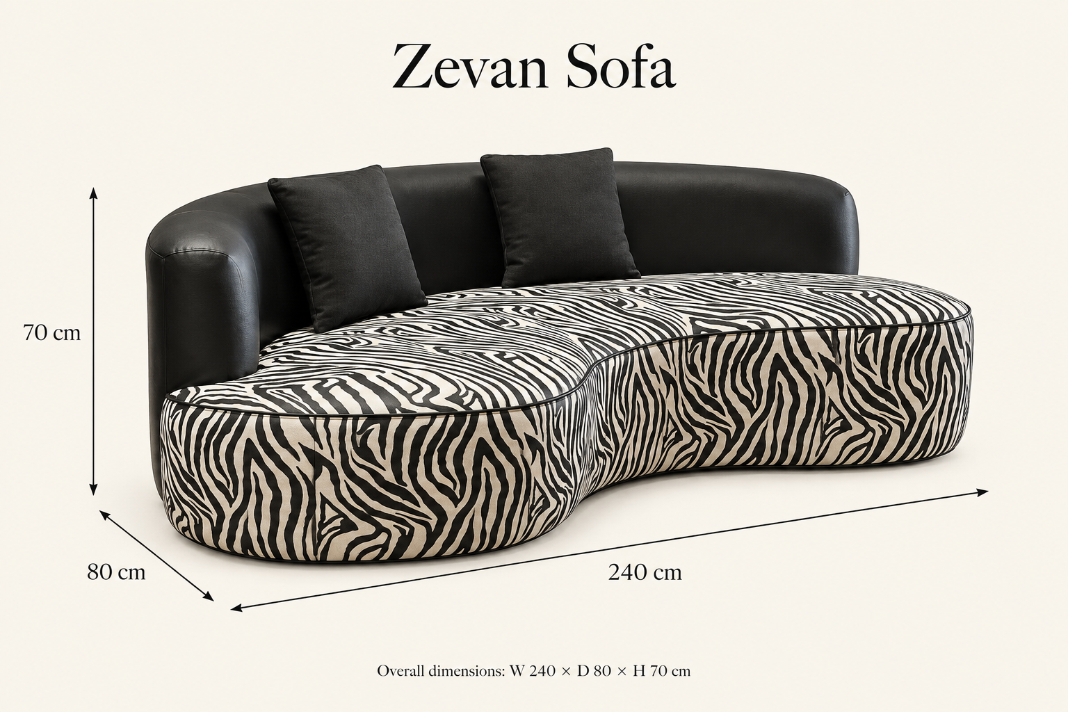 Zevan sofa size guide with width, depth and height arrows